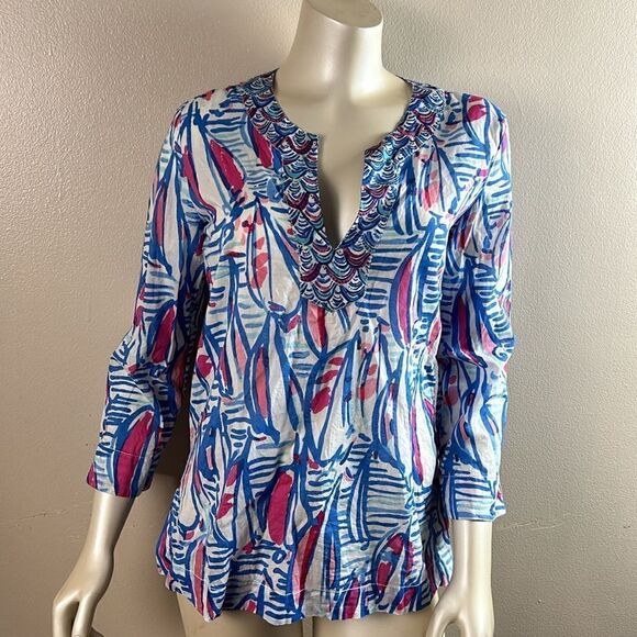 Lilly Pulitzer Amelia Tunic shirt top size small Red Right Return White blue - Picture 8 of 9